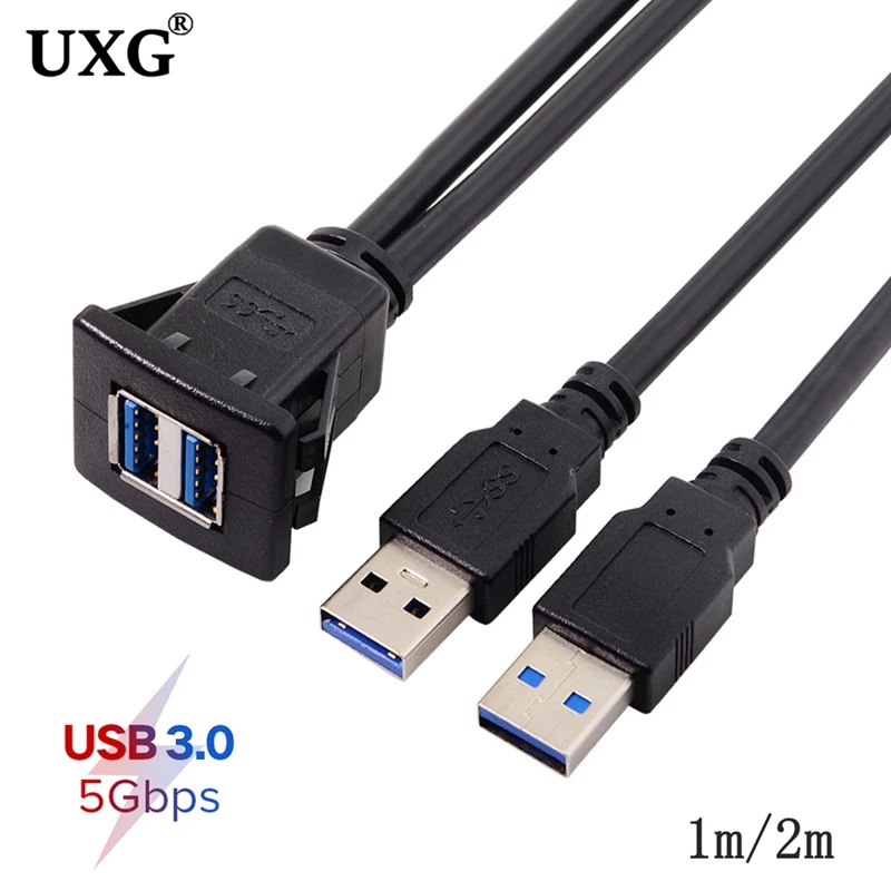 2M 5Gbps Waterproof Embedded USB Extension Adapter 2 USB 3.0 Port Male to Female Car Motorcycle Marine Dashboard Extension Cable