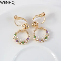 WENHQ Women's Fashion Luxury Dangle Clip on Earrings No Pierced High Quality Cubic Zircon Geometric Round Shape Ear Clip New