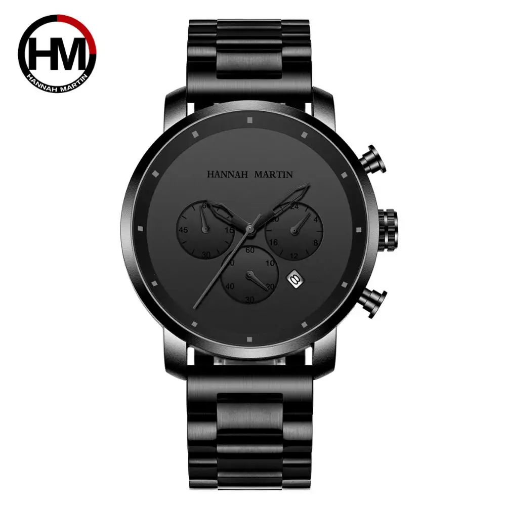 DropShipping 2020 New Simple Japanese Movement Full Black Stainless Steel Multi-function Calendar Men\'s Top Brand Luxury Watches