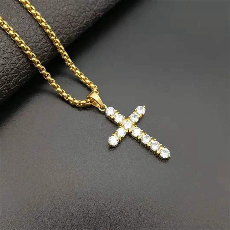 Iced Out Zircon Small Cross Necklace Chain Women's Hip Hop Jewelry Stainless Steel CZ Bling Cross Religious Pendant Necklace