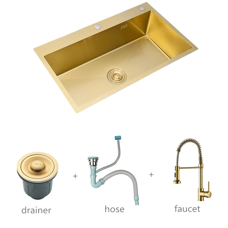 Gold Kitchen Sink Above Counter or Undermount 304 Stainless Steel Single Bowl Goldn Basket Drainer Soap Dispenser Washing Basin