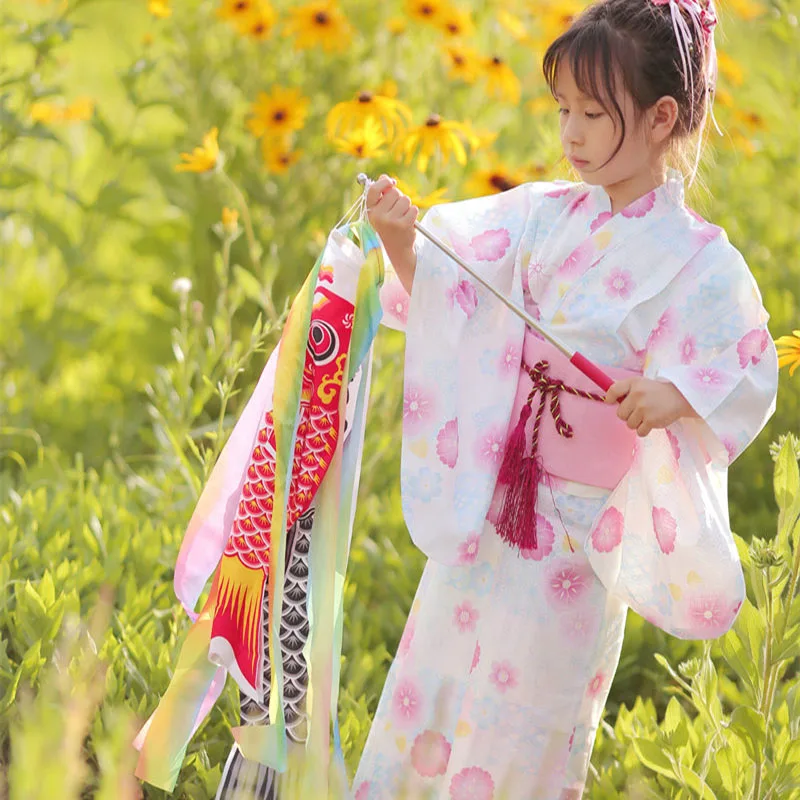 Para meninas de algodão estilo japonês quimono yukata com selo da cintura de estilo japonês bebê infantil desempenho traje quimono terno lc065