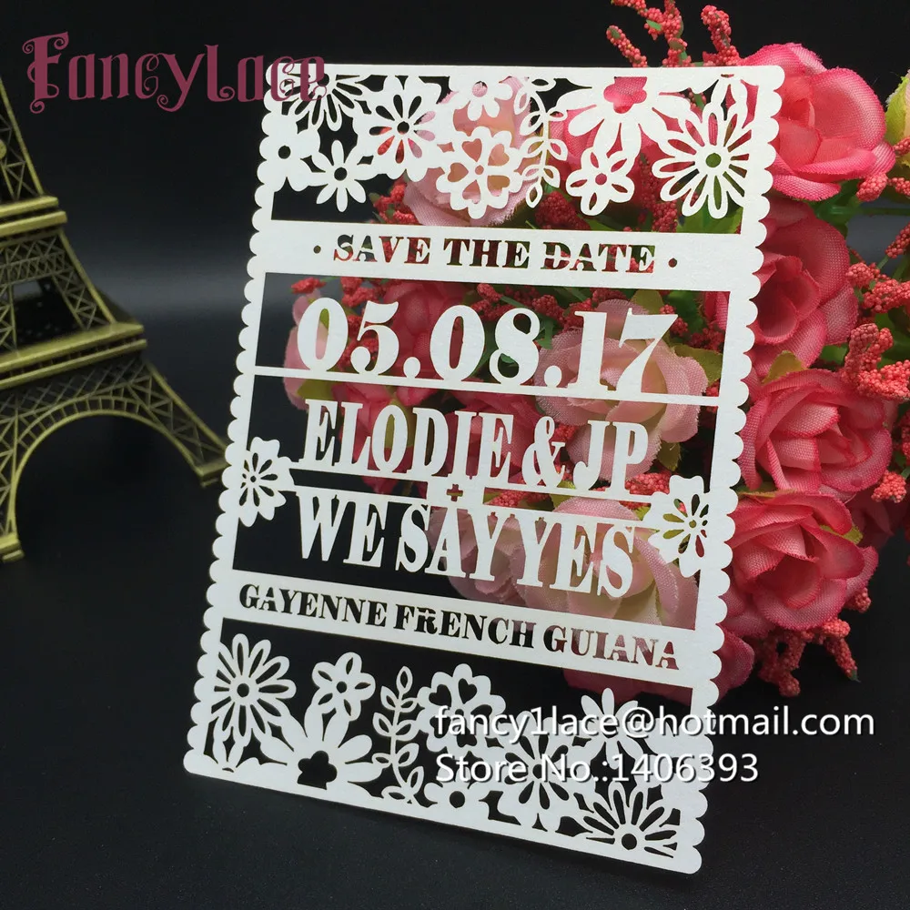 30pcs HOT Flower pearl paper laser cutting wedding save the date cards and lace invitation cards can be customized free shipping