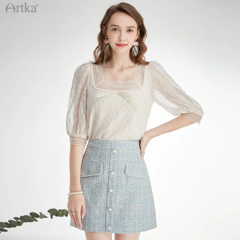 ARTKA 2021 Early Autumn New Women Blouse Elegant Lace Square Collar Bow Chiffon Shirts Half Puff Sleeve White Shirts SA22312X