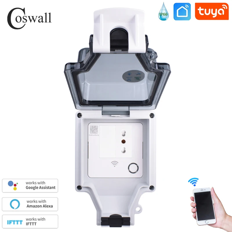 Coswall Tuya Wifi Voice Control IP66 Waterproof 16A Italian Chile Socket Timer Switch Programmable Work With Alexa Google Home