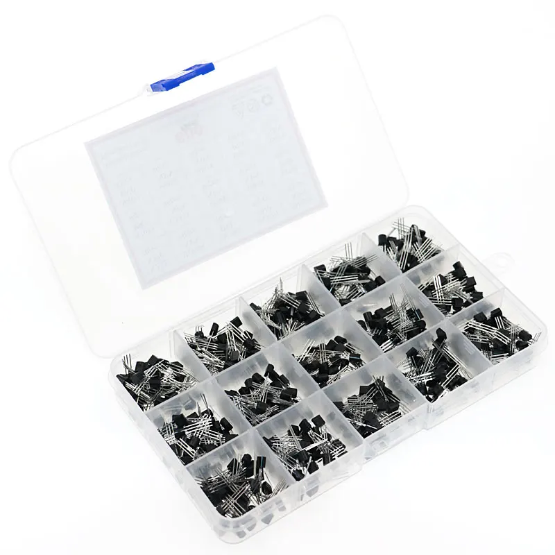 600pcs/Box 15 Kinds Transistor kit set TO-92 30-160V 50-1000mA NPN / PNP A1015 C1815 S8050 2N2222 2N3904 2N5401 2N3906 2N5551