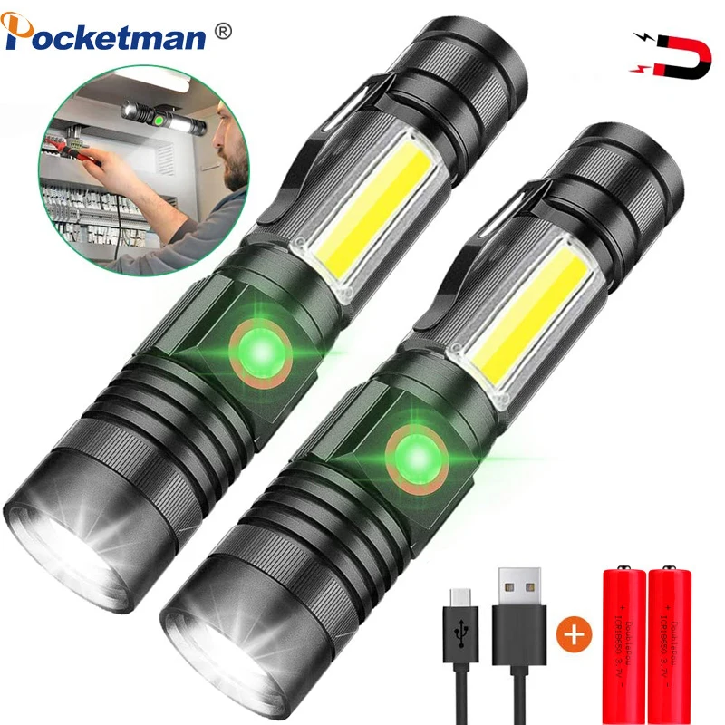 

USB Rechargeable Flashlight Super Bright Magnetic LED Torch with Cob Sidelight a pocket clip Zoomable for Camping