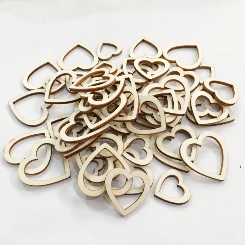 100pcs 10mm Hollow Heart Shaped Wood Pieces Wooden Ornament Wood Cutouts Slices for House, Garden, Home DIY Art Craft