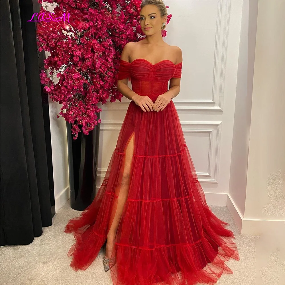 A-Line Burgundy Prom Dress Off Shoulder Sweetheart Evening Dresses Long Tulle Party Gowns Tiered Slit vestidos de noche