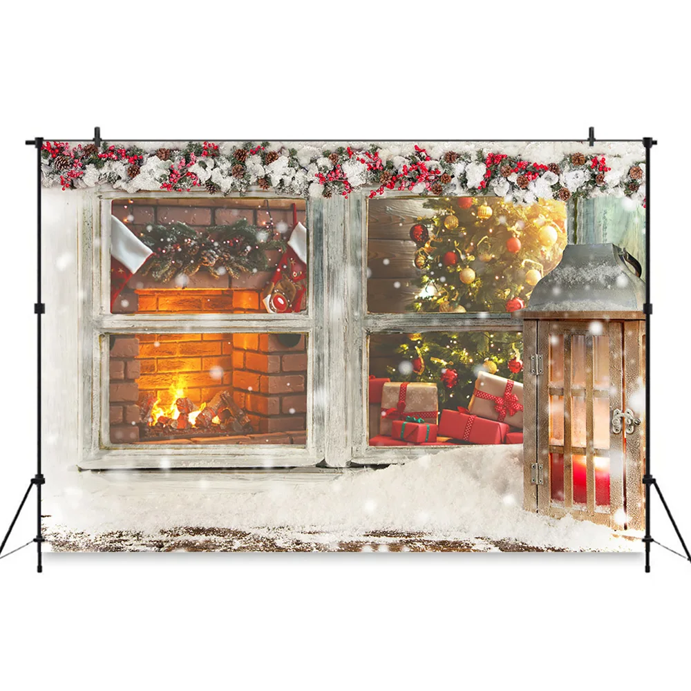 Christmas Windows Fireplace Photography Christmas tree Backdrop Gifts Photo Booth Snow ground Decor Decorations Photobooth