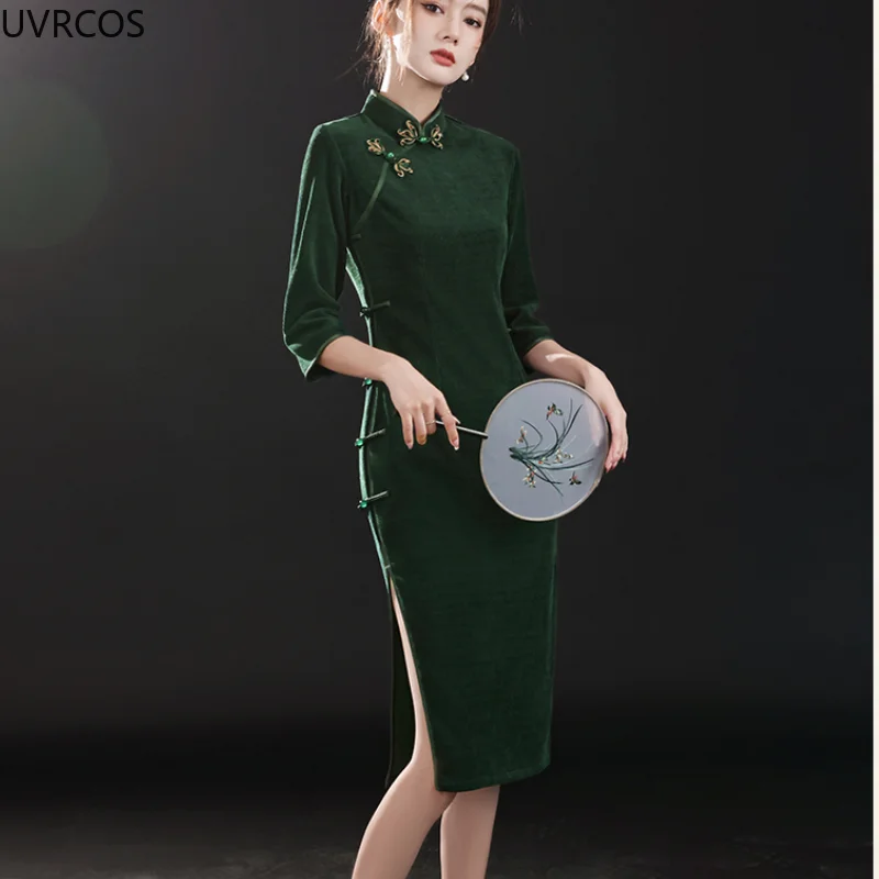 NEW Vintage Corduroy Cheongsam Dress Women Traditional Chinese Clothing Autumn Chic Pearl Inlay Qipao Neck Elegant Asian Clothes