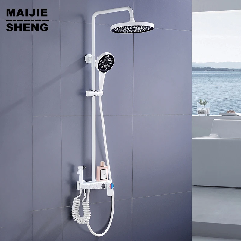 White Thermostatic Shower System Bathroom Wall Mounted LED Digital Showers Set Hot Cold Water Mixer Bath Faucet  Head Rainfall