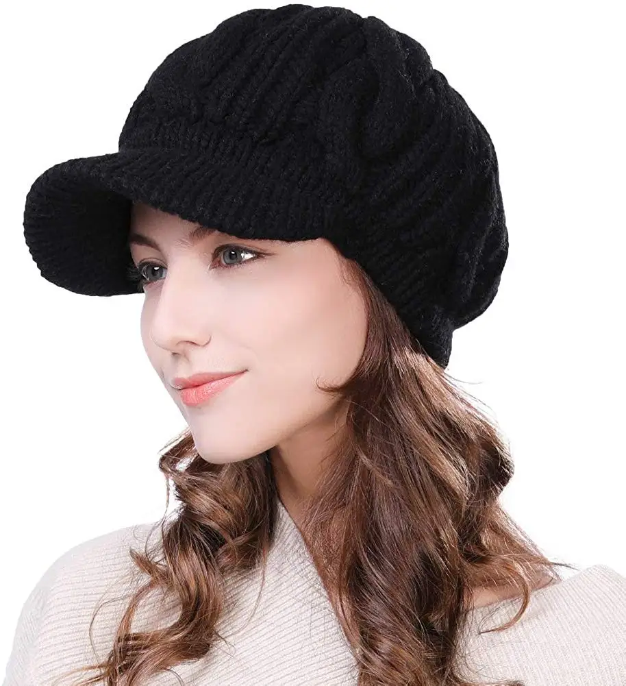 Women\'s Wool Knitted Acrylic Fibres Visor Beanie Winter Hat for Women Newsboy Cap Warm Soft Lined