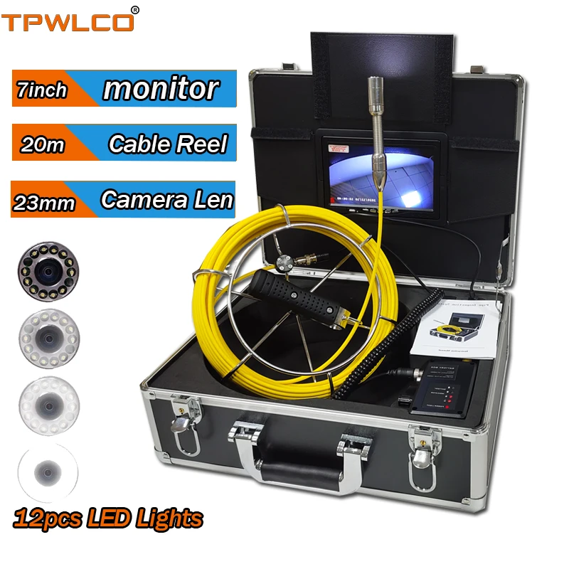 

23mm Waterproof Video Camera With 12pcs LEDS 7inch Display Professional Industrial Endoscope Pipe Inspection System 20m Cable