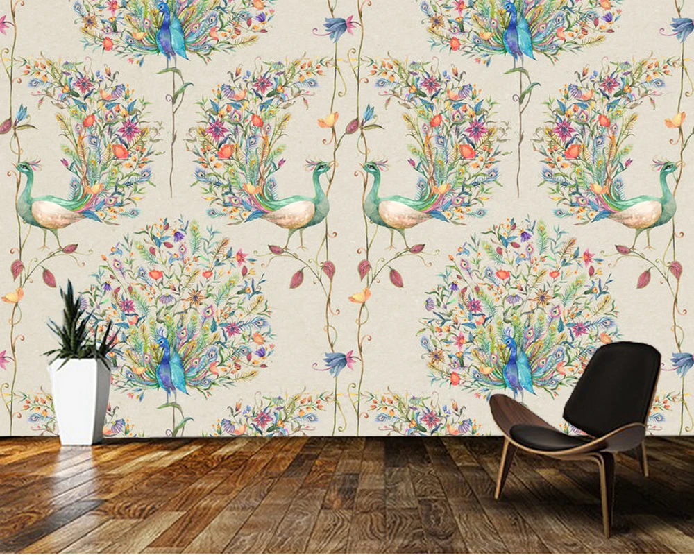 

Papel de parede Watercolor peacock and flowers 3d wallpaper mural,living room tv wall bedroom wall papers home decor