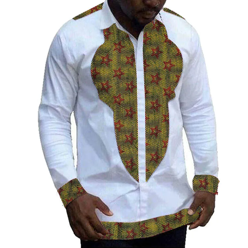 African Clothing Men\'s Shirt Print Wax On White Patchwork Design Lapel Tops Nigerian Fashion Male Groom Wear