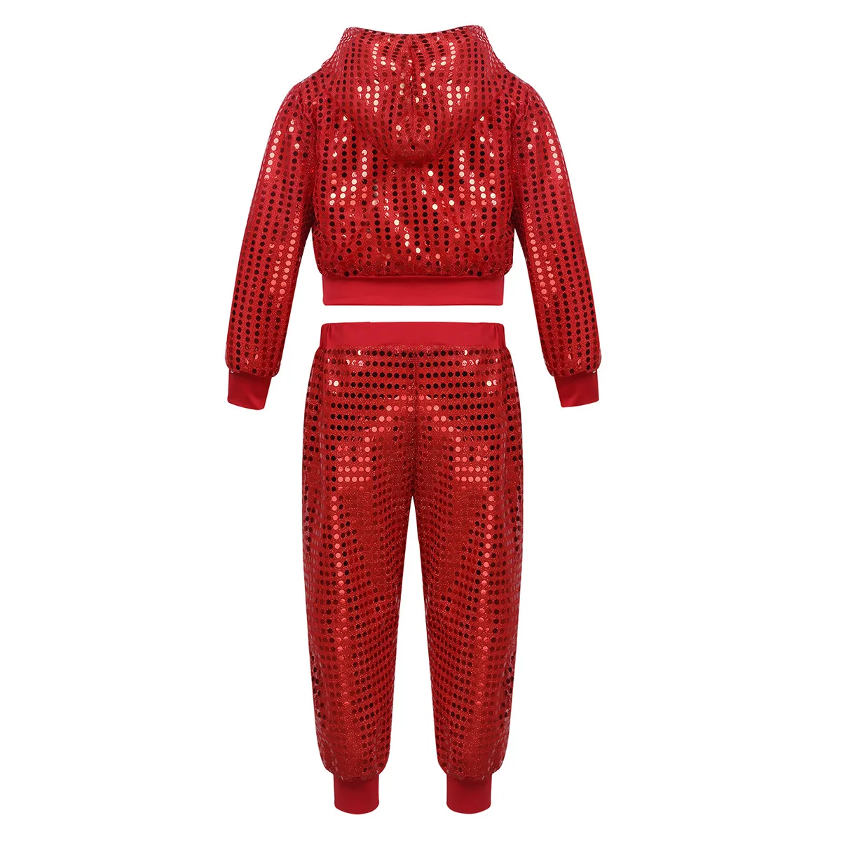 Kids Boys Girls Hip-hop Jazz Dance Performance Costume Street Dancing Dress Shiny Sequins Long Sleeve Hooded Tops with Pants Set