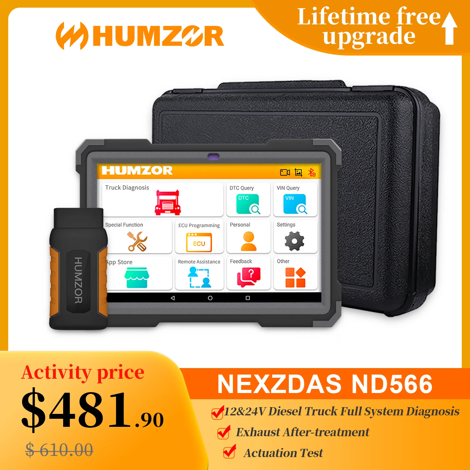 HUMZOR ND566 Professional Heavy Duty Truck Diagnostic Scanner ABS DPF Odometer Adjustment Full System Diesel OBD Diagnosis Tool