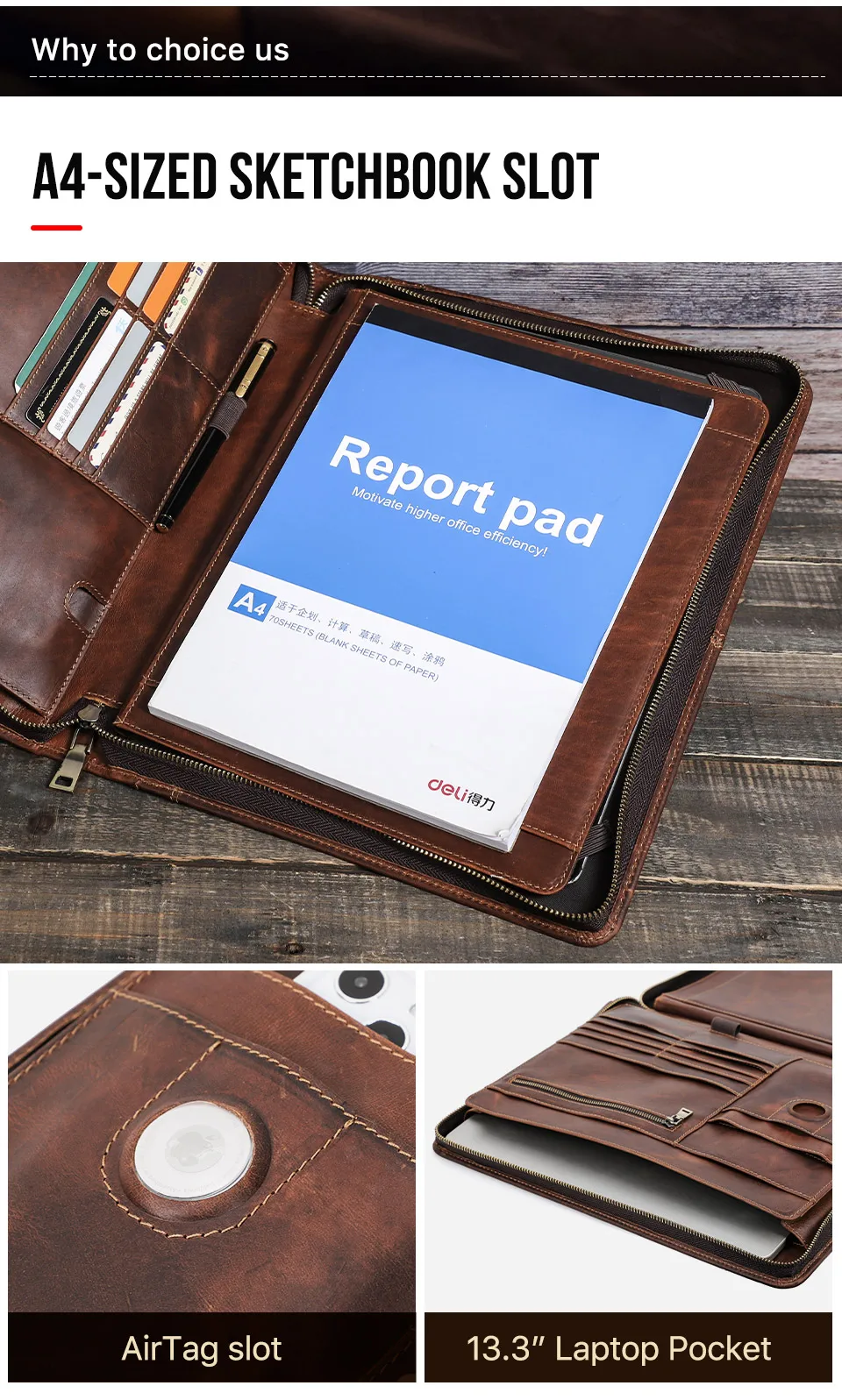 MacBook Pro Air 13 iPad Pro 13 12,9 Portfolio Datei Ordner Kuh Leder Cover Veranstalter Reise Business Office Dokument Aktentasche – Detail 20