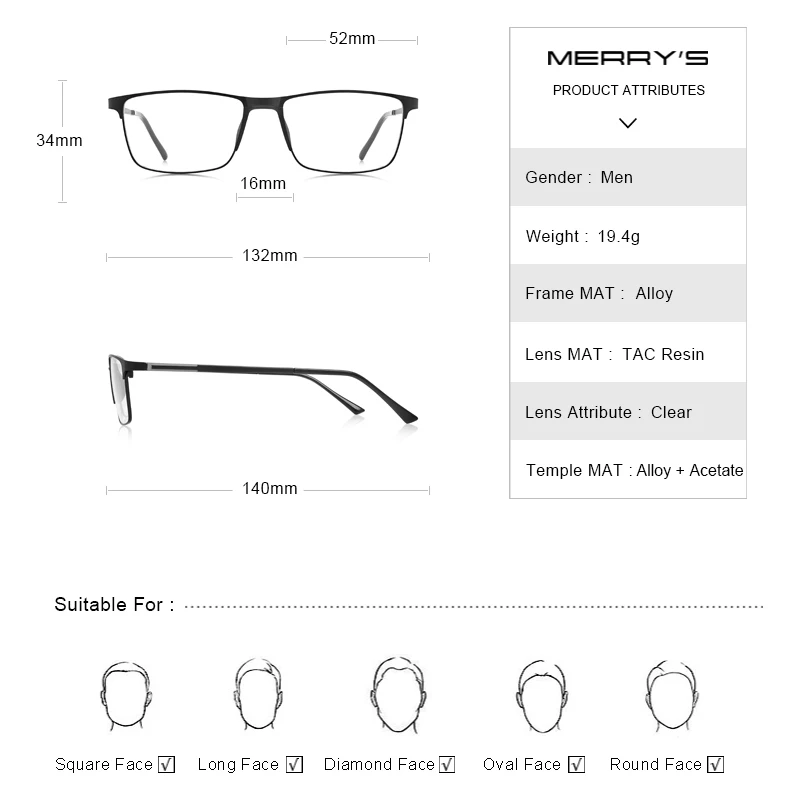 MERRYS DESIGN Men Prescription Glasses Square Myopia Prescription Eyeglasses Male Small Frames Optical Glasses S2037PG