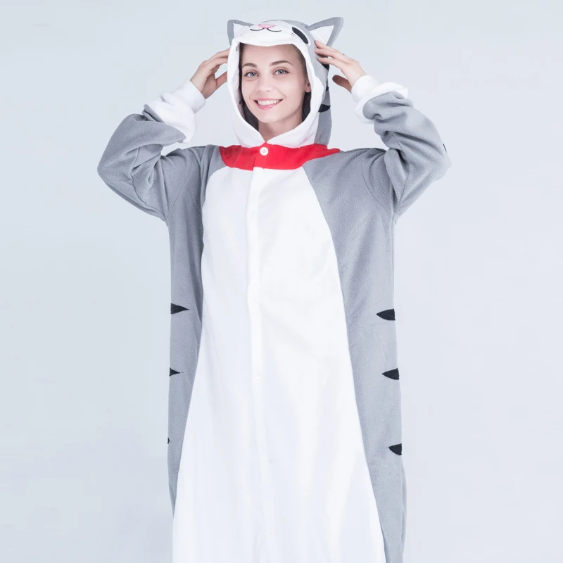 Loose Cat Onesies For Adults Cartoon Kigurumi Women\'s pajamas Chi Cat Sleepwear Men Pyjamas Cosplay Costume Halloween Jumpsuit