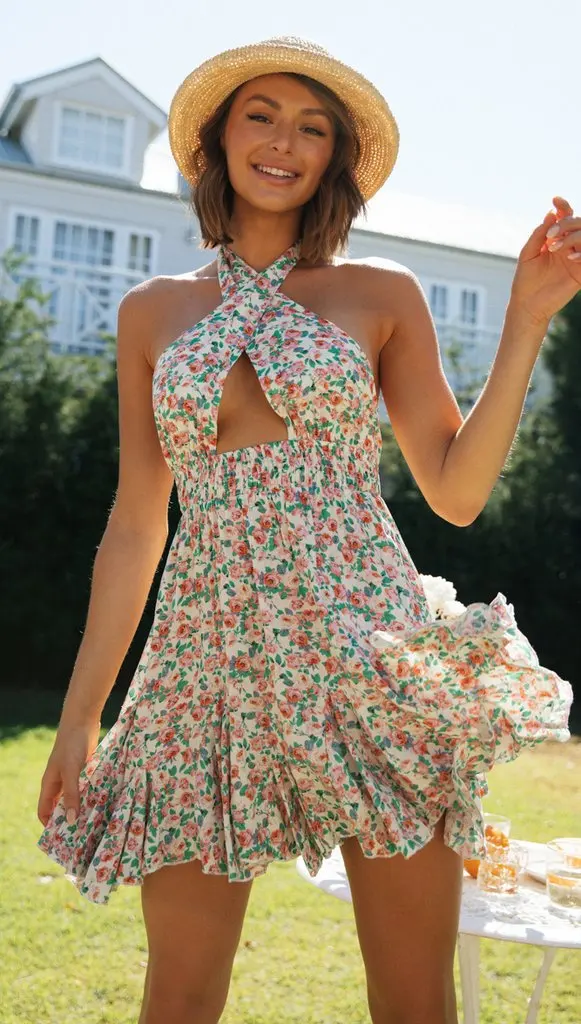 Jyojyo Sexy Boho Bloemenprint Jurk Vrouwen Halter Hals Strand Jurk Ruche Zomer Herfst Elegante Bohemian Vestidos Streetwear