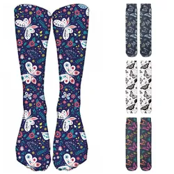 Calcetines largos con estampado de mariposa para mujer, calcetín colorido hasta el muslo, Harajuku, de compresión, de algodón suave