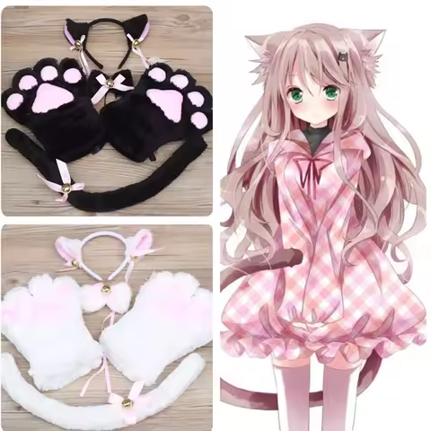 Anime Cosplay Costume Accessories Maid Cat claw Lolita Plush Glove Tail Paw Ear Set