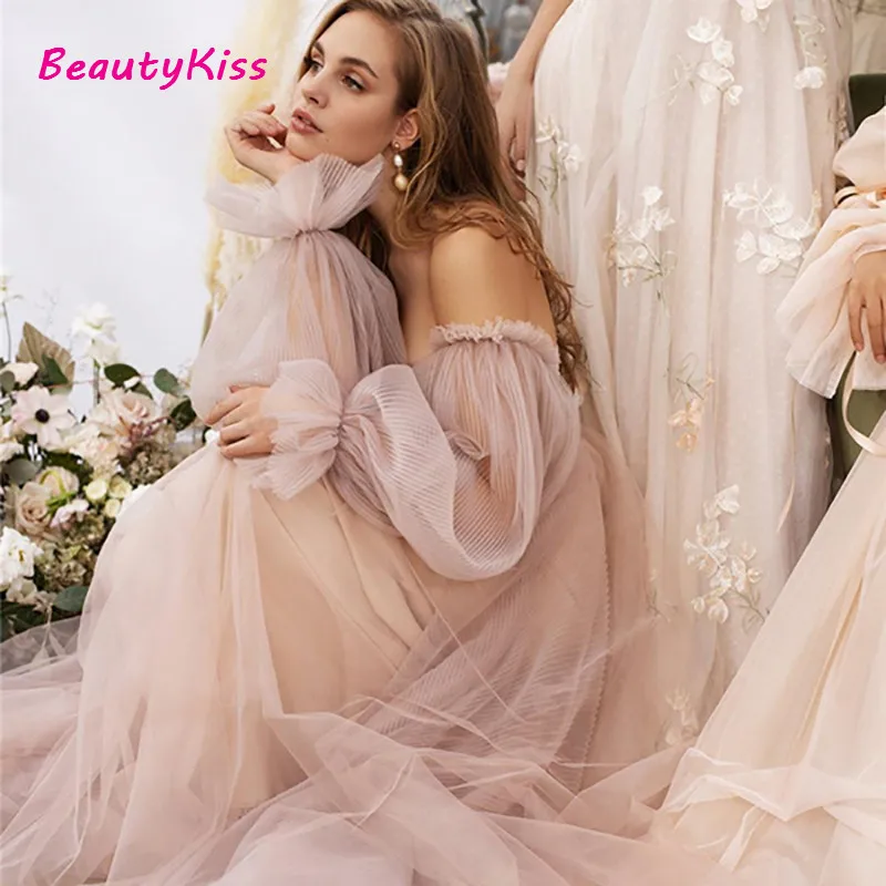 Vestidos de casamento rosa praia boho puff mangas beading princesa vestido de noiva fora do ombro elegante plus size vestidos de casamento