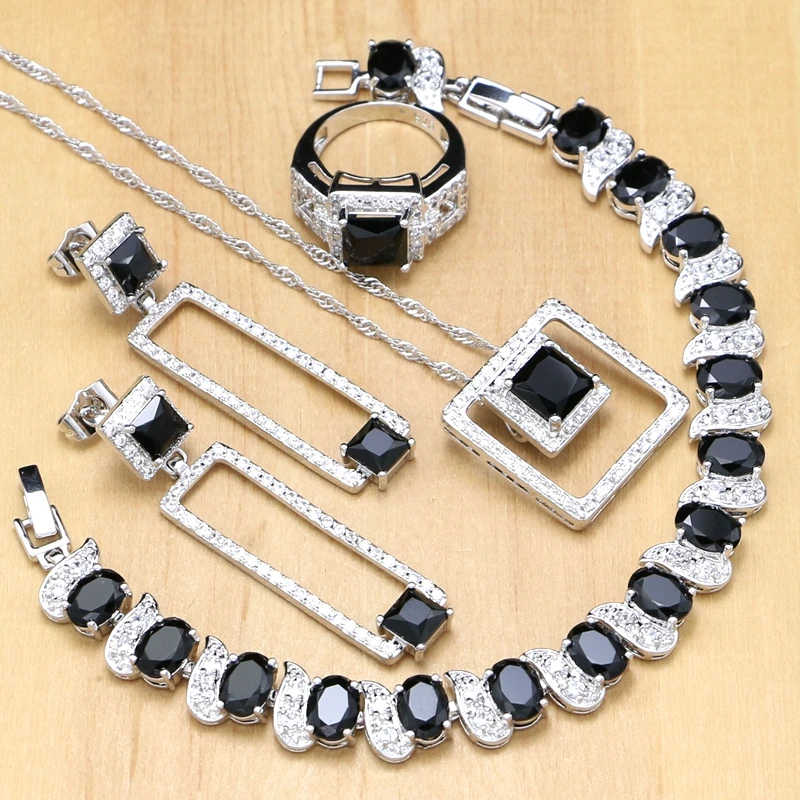 

Silver 925 Bridal Jewelry Black Stone White Crystal Jewelry Sets For Lady Wedding Earrings/Pendant/Necklace/Rings/Bracelet