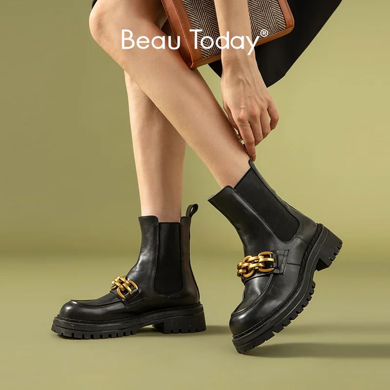 BeauToday Chelsea Platform Boots Women Genuine Cow Leather Round Toe Elastic Band Metal Chain Ladies Shoes Handmade 03588