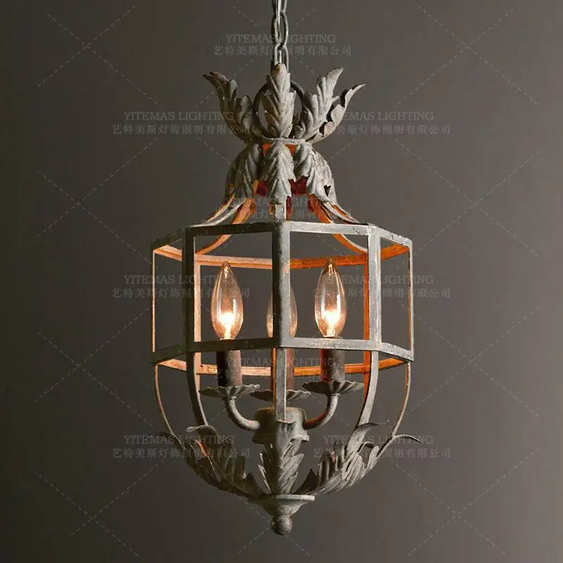 Retro white hanging chandelier lights vintage Grey Metal Cage lantern chandelier lighting fixtures for bedroom kitchen nursery
