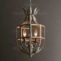 Retro white hanging chandelier lights vintage Grey Metal Cage lantern chandelier lighting fixtures for bedroom kitchen nursery