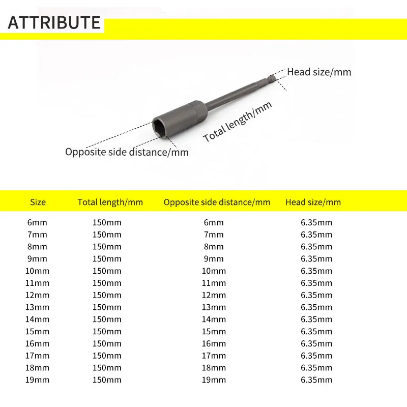 1 pz 150mm Lunghezza Extra Profondo Bullone Dado Driver Bit 1/4 pollici 6.35mm Hex Shank Chiave a bussola Cacciavite per Strumento di Potere 6-19mm