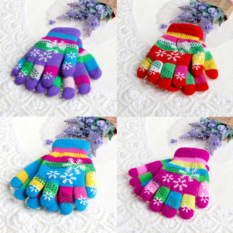 Autumn Winter Children Bilayer Thickened Snow Print Colored Yarn Knit Gloves