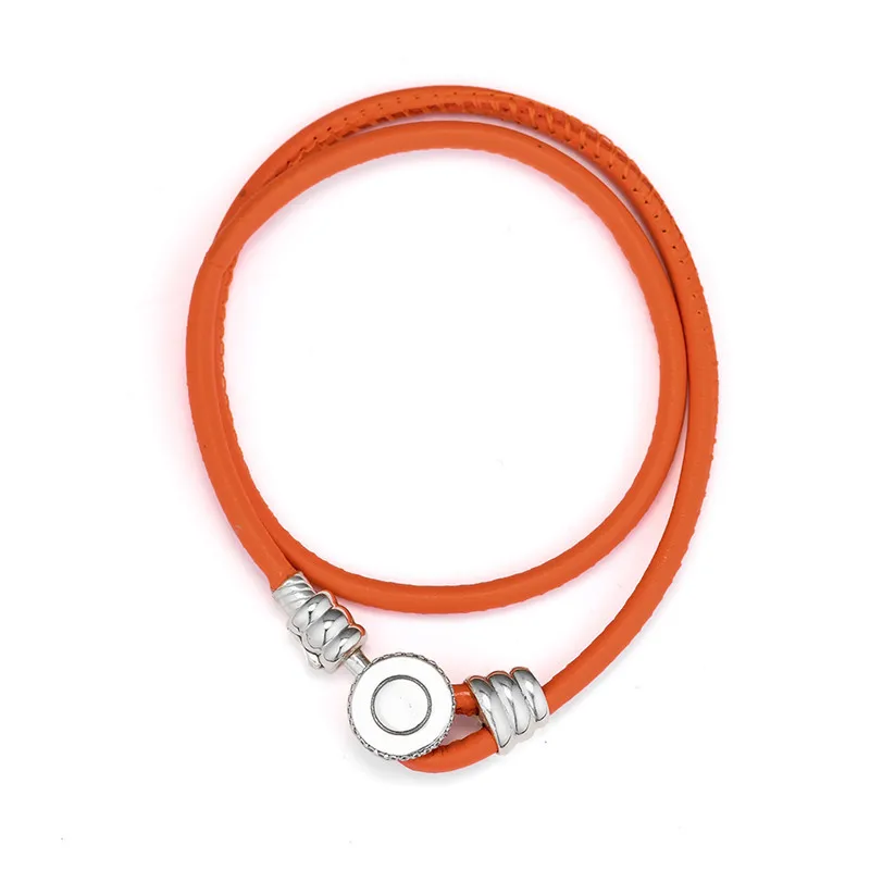 Orange Color Leather Bracelets 925 Sterling Silver Sign Round Shape Closure DIY Braided Chain Bracelets for Women Men Jewelry