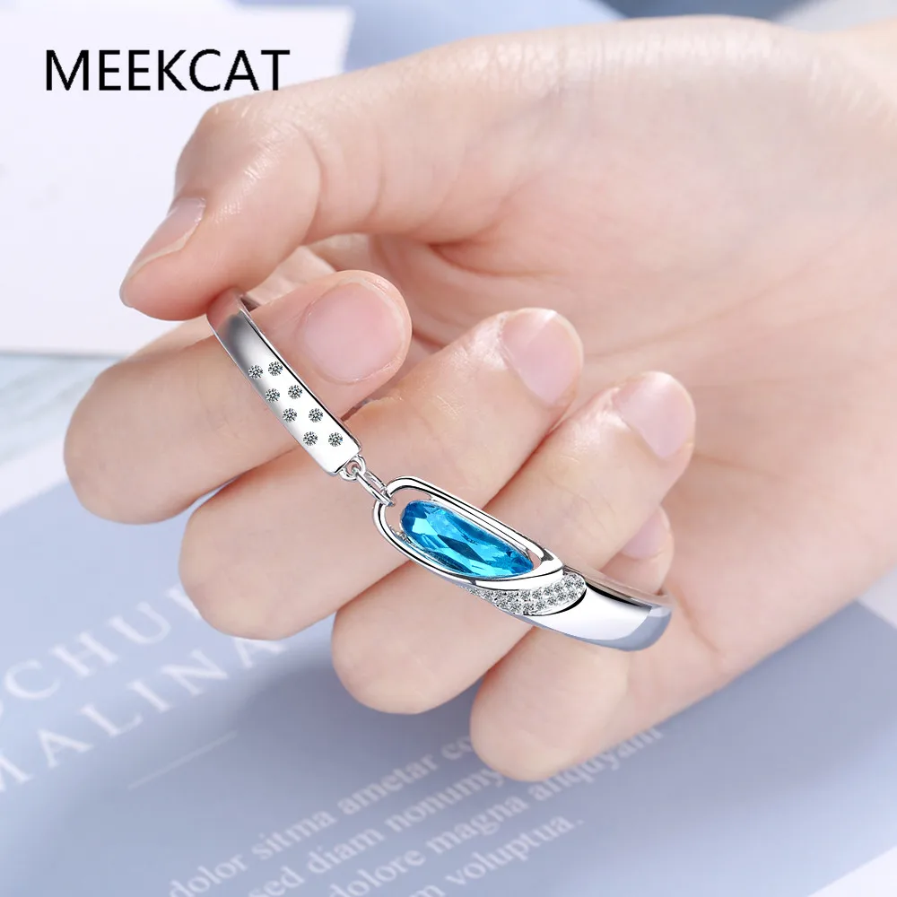 Genuine 925 Sterling Silver Sapphire Bracelets for Women Silver 925 Jewelry Pulseira Feminina Bizuteria Blue Topaz Girls