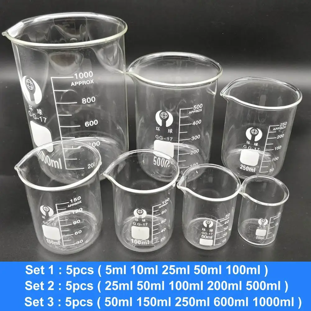 5Pcs Lab Chemical Experiment Equipment Clear Low Form Borosilicate Glass Beakers 2020