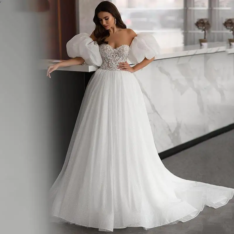 Querida uma linha vestidos de casamento glitter tule rendas apliques vestido de noiva com destacável puff manga vestidos de casamento