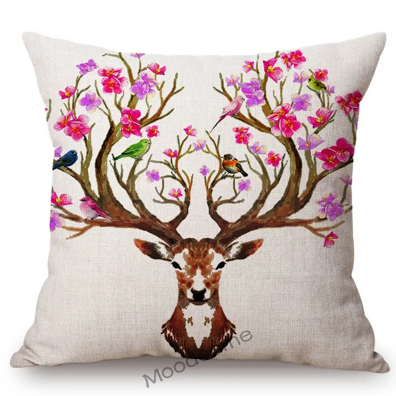 Nordic Reindeer Art Christmas Decoration Sofa Pillow Case Floral Deer Head Four Seasons Cotton Linen Chair Seat Cushion Cover