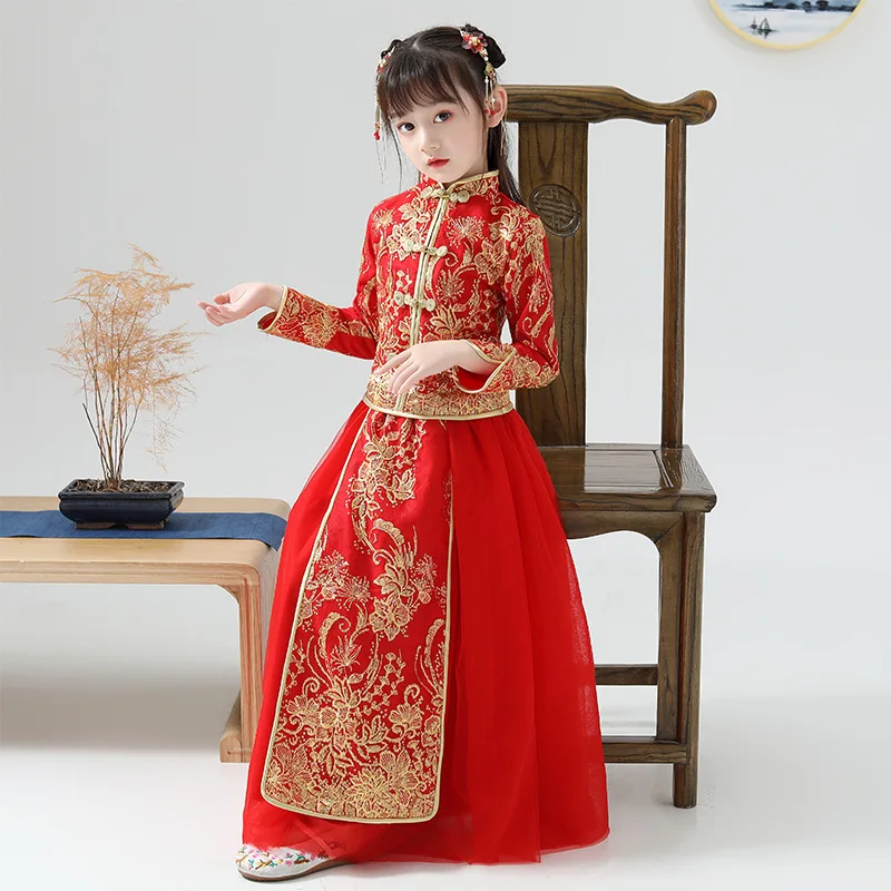 

Flower Girl Dress Han Fu For Girl Kids Dramaturgic Robe Dress Chinese Traditional Ancient Embroidery Dresses New year Dress