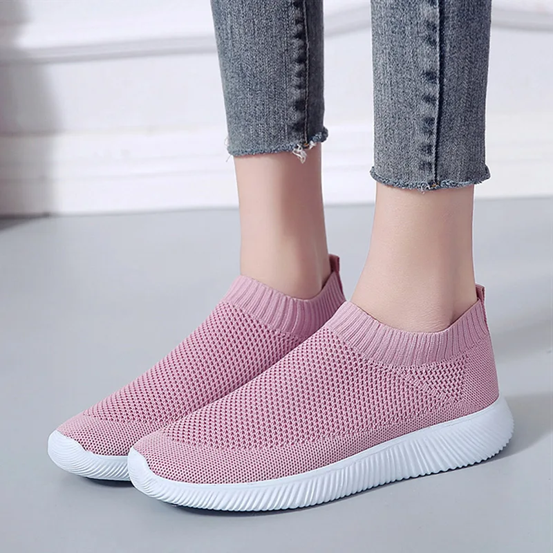 Women Shoes Plus Size Sneakers Women Breathable Mesh Sports Shoes Female Slip On Platform Sneakers White Knit Sock Shoes Casual