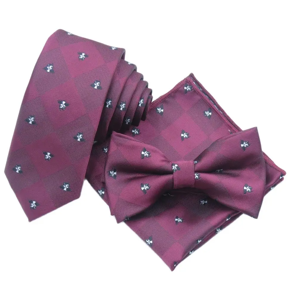 

100% polyester wine red necktie men's skinny tie Man leisure Cartoon necktie Bat pattern desgin 6cm tie and bowtie