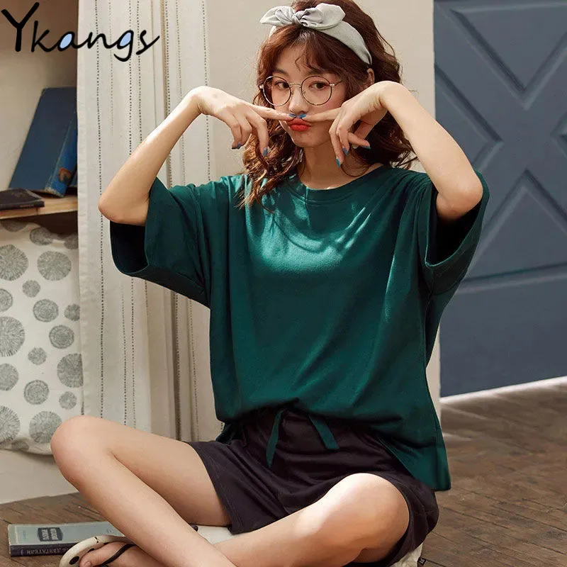 

2021 Summer Women's Suit Home Leisure Loose T-shirt High Waist Shorts Two-piece Suit Korean Ladies Sportswear Thin Shorts Suit