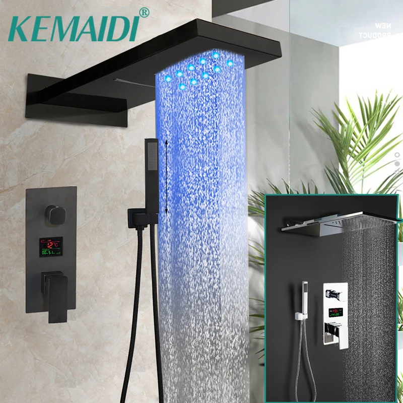 

KEMAIDI Black Bathroom Shower Faucet Rainfall Shower Head 2 & 3 Functions Digital Display Mixer Tap Waterfall Shower Systerm