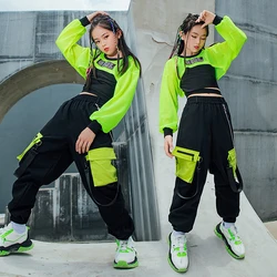 Kids Hip Hop Clothes Girls Jazz Dance Costume Neon Green Crop Tops Black Vest Cargo Pants Street Dance Performance Wear BL7108