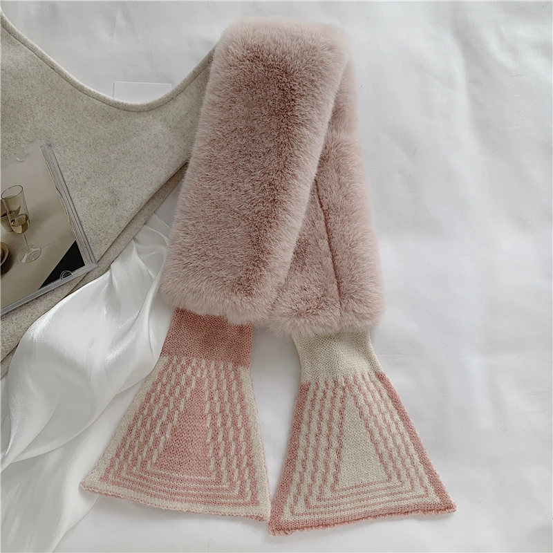 Korean Wool Knit Cross Bib Plush Warm Scarf Woman\'s Winter Faux Rex Rabbit Fur Stripe Thicken False Collar Neck Guard Scarve Q88