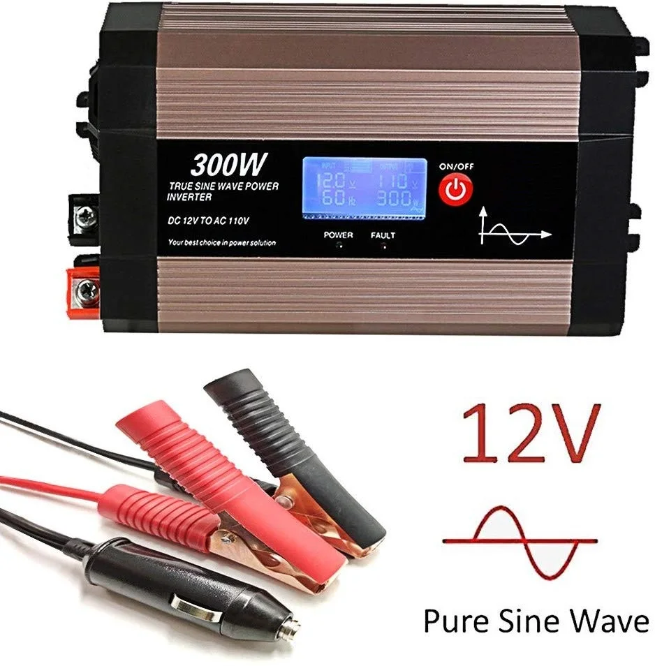 

300W Pure Sine Wave Power Inverter with LCD Screen, 12V DC to 110V/230V AC Car Inverter with Dual USB Ports Car Charging Adapt