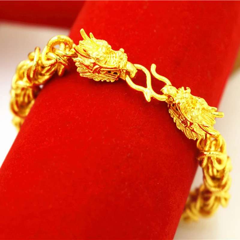 Pure Gold Color Bangles & Bracelets For Men,24K Gold Plating 8mm Dragon Bracelet 20CM Long,Wholesale Fashion Women Men\'s Jewelry