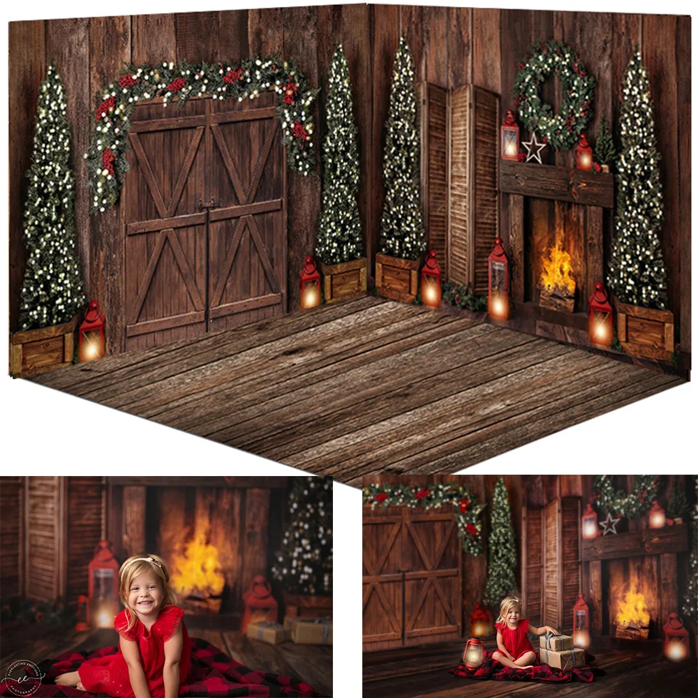 Photography Backdrop Christmas Fireplace Photocall Christmas Tress Retro Door Background Winter Portrait Backdrops Wreath Lamp